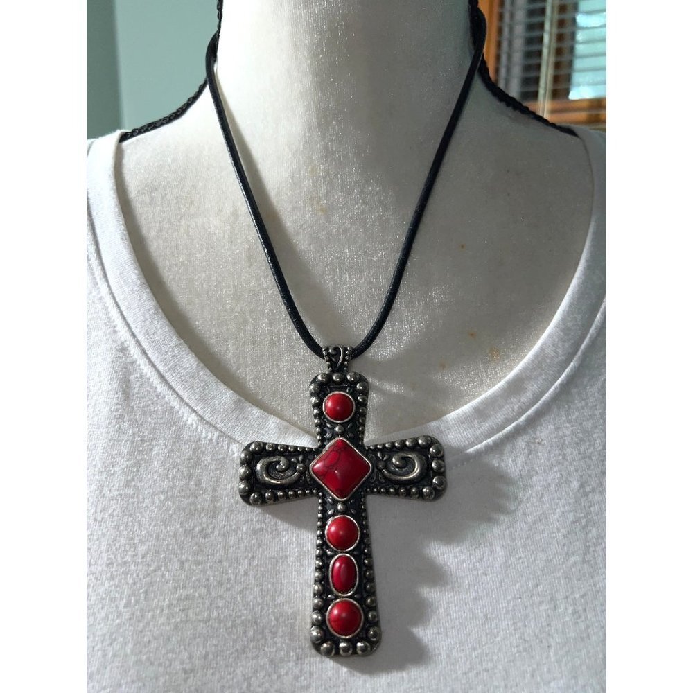 Red Glass Cross Pendant Silver Necklace -- 18"